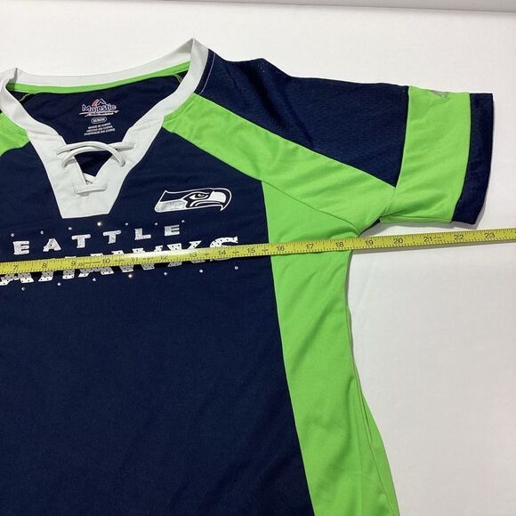 Seahawks Shirt Women's M Majestic Fan Fashion Front Laced Neckline Short Sleeve - Picture 12 of 13